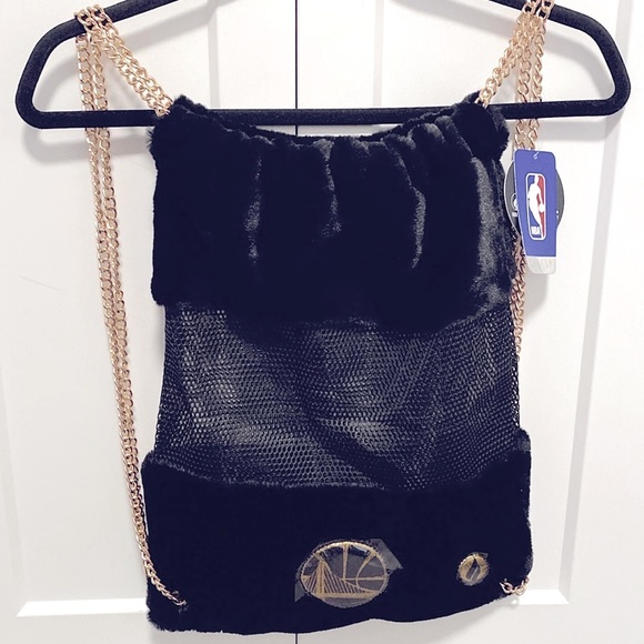 NWT [NBA] FISLL Golden State Warriors Black Faux Fur Sheer Mesh Backpack - Picture 3 of 8